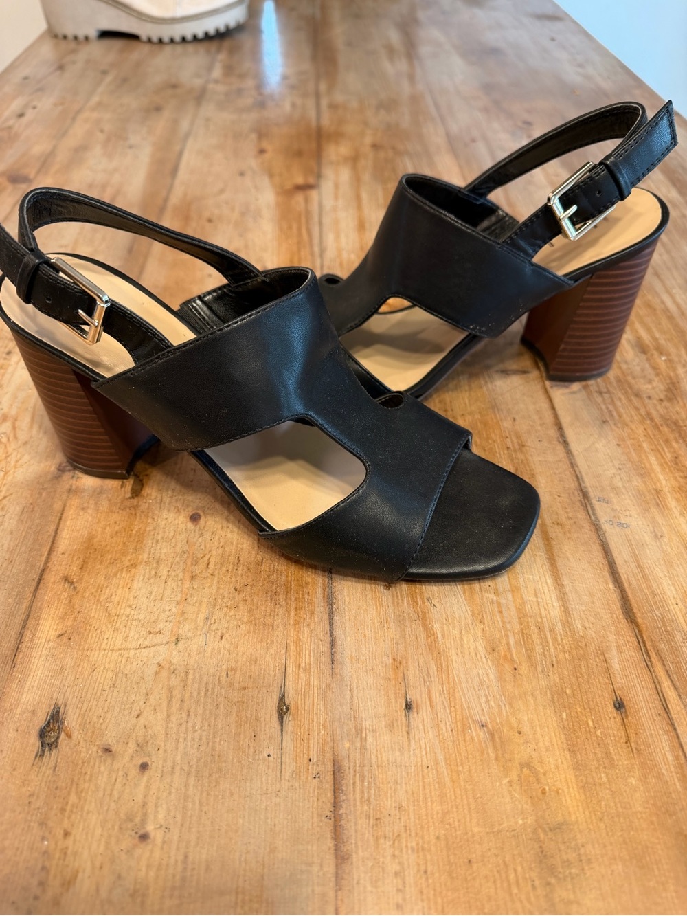 Black Leather Block Heel Slingback Sandals